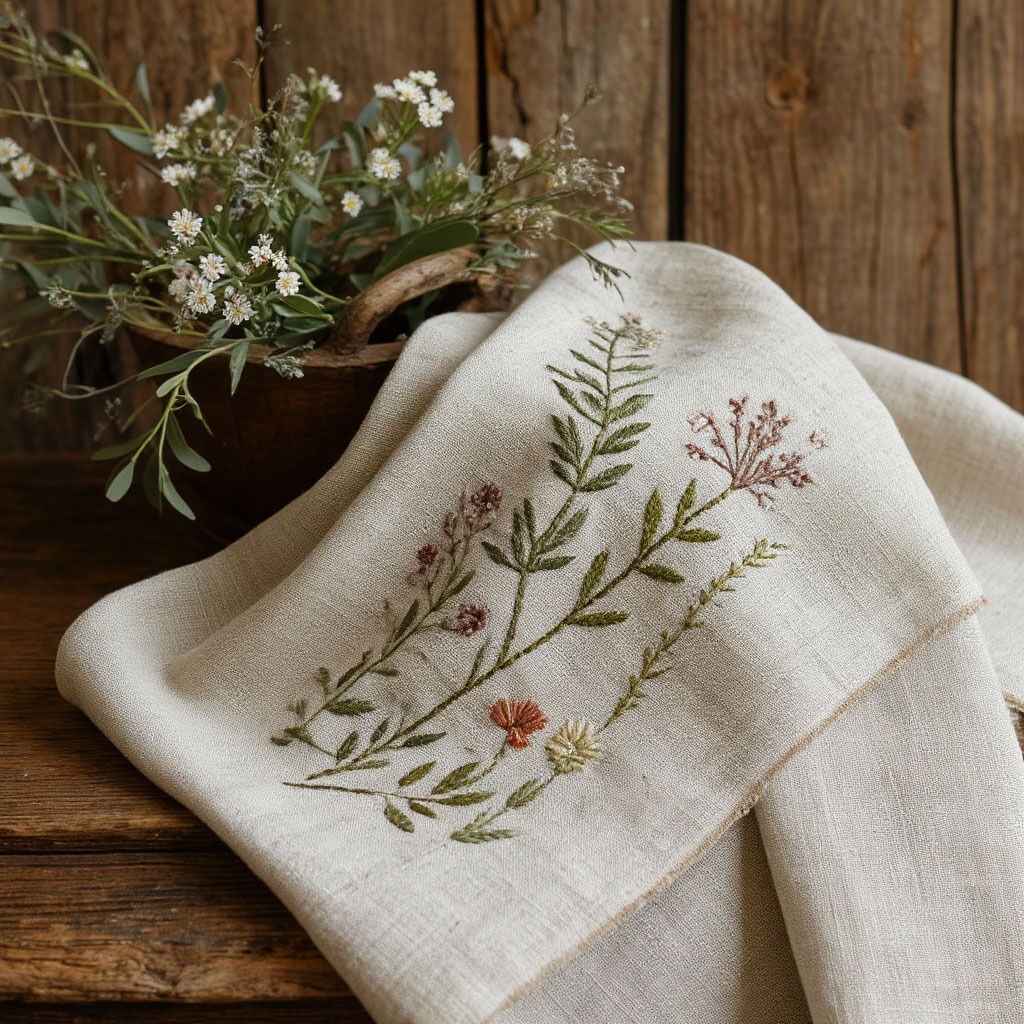 Countryside Linen collection with natural flax and botanical embroidery